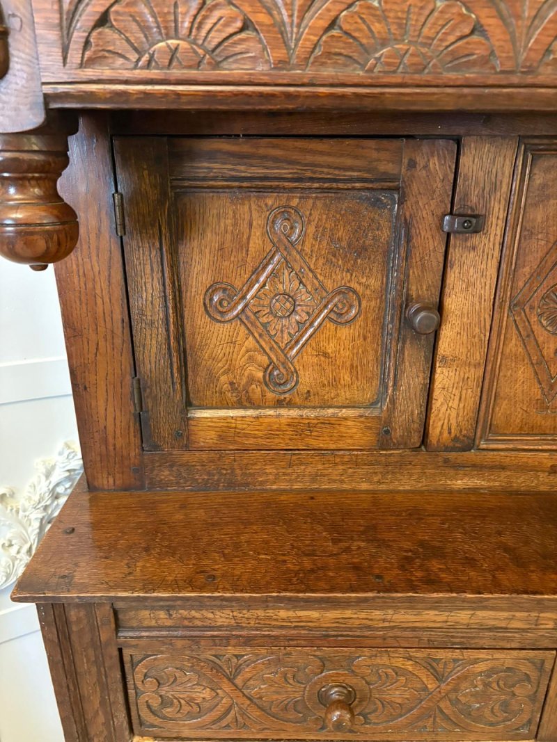 Quality Antique Carved Oak Court Cupboard with Ipswich Carving